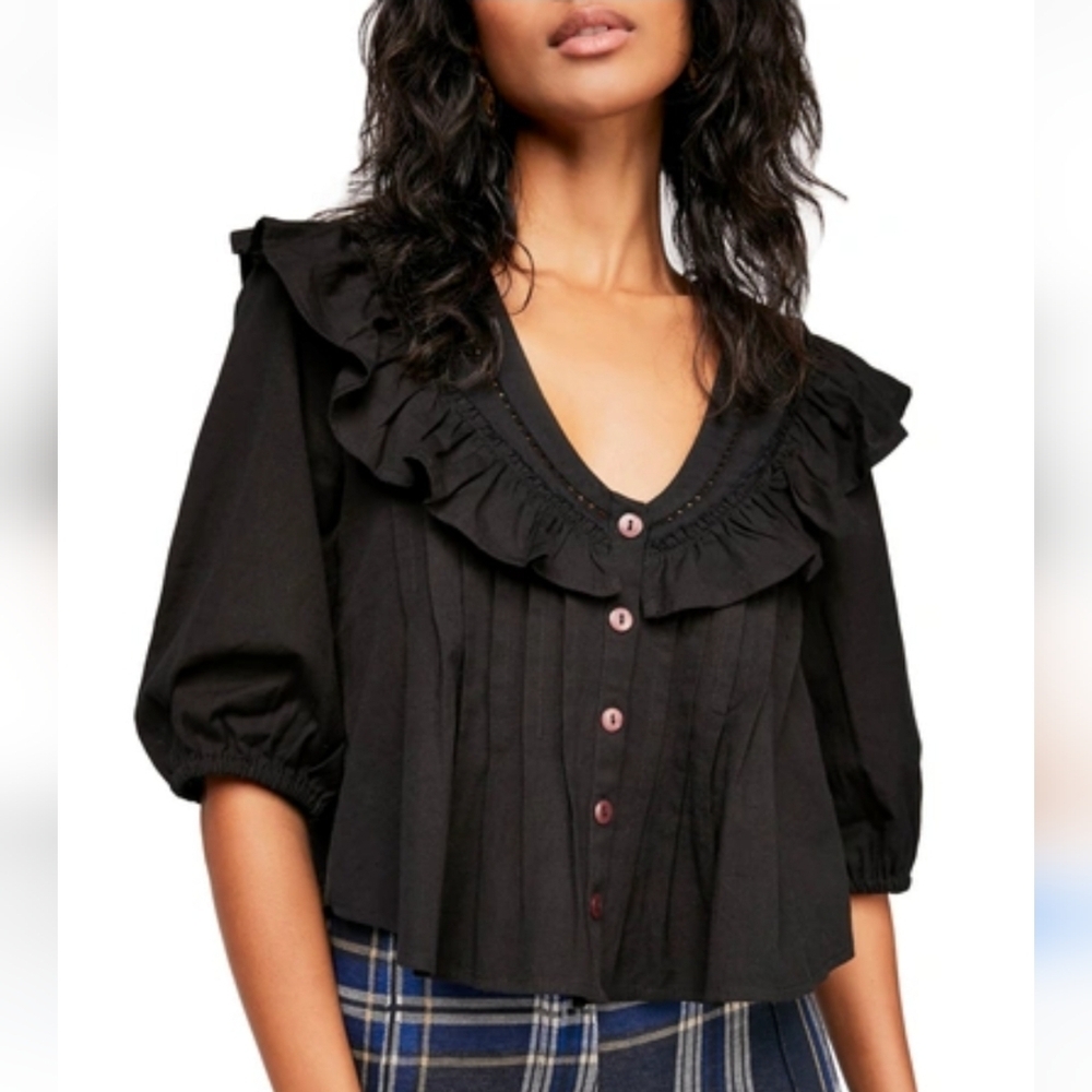 Free People Sylvia Black Cotton Sleeveless Cropt Top With Ruffles & Buttons S - Picture 7 of 8